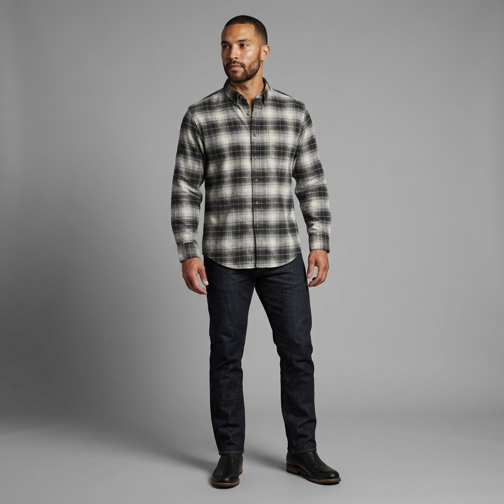 Pendleton‎ Mason Mens Large Black Grey  Plaid Cotton Flannel Button Down Shirt